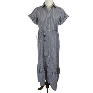 J Crew Amelia Maxi Shirt-Dress in Stripe Cotton Poplin Navy/White CB225 Size M